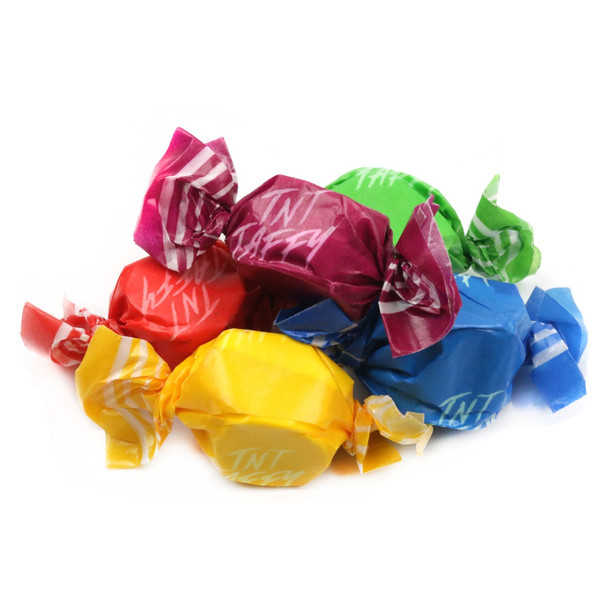 Sour assorted salt water taffy, individually wrapped bright colored pieces. Apple, Cherry, Grape, Orange, Lemon flavors. 60 pieces per pound.