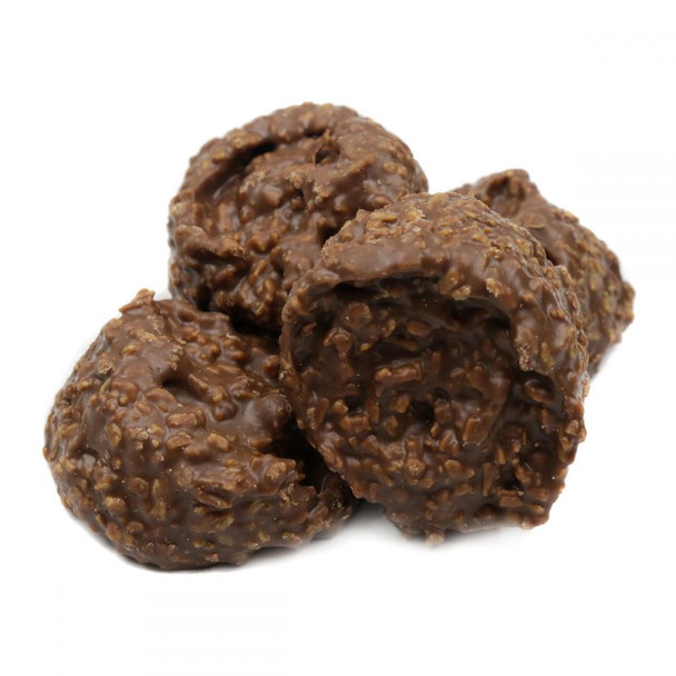Ashers Milk Chocolate Coconut Clusters, bite-sized brown milk chocolate pieces with visible toasted coconut, approx 40 per pound.