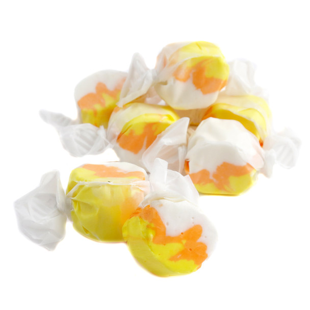 Orange, yellow, white Candy Corn Salt Water Taffy, approximately 60 pieces per pound. Creamy, gluten-free Halloween candy.