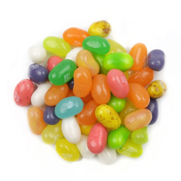 Jelly Belly Tropical Fruit Jelly Beans, assorted vibrant yellow, green, orange, white colors, approx 400 per pound.