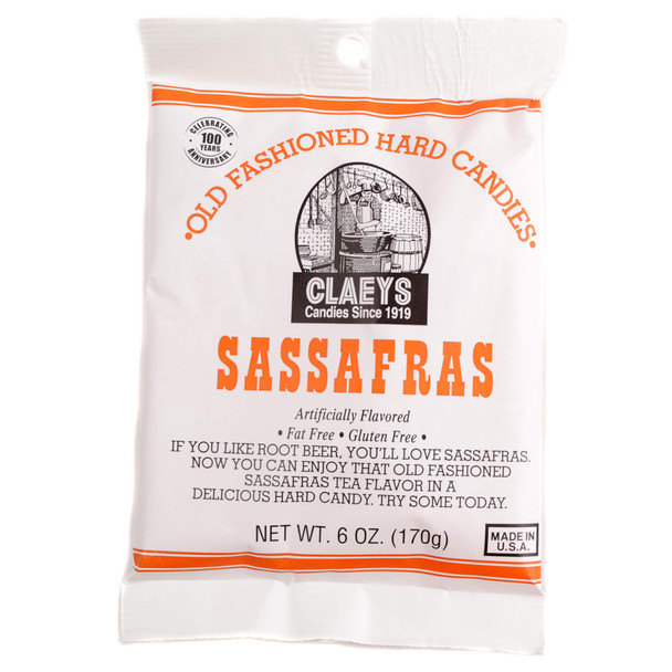 A 6-ounce bag of Claey's Hard Candy Drops Sassafras, showing the classic packaging filled with amber-colored hard candies