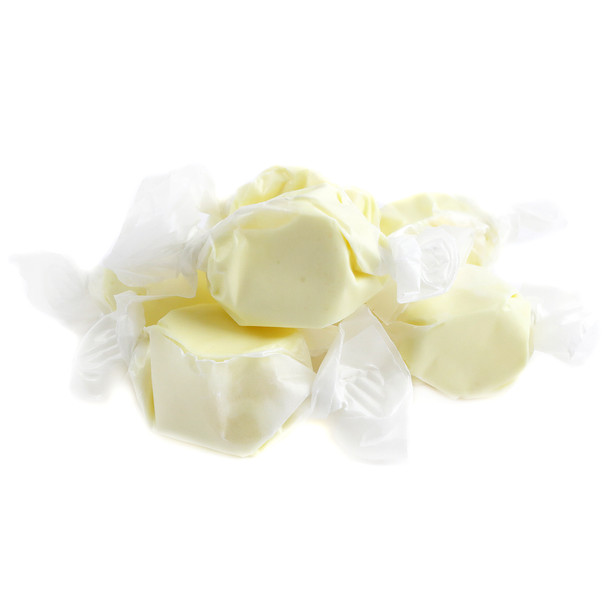 Light yellow Eggnog Salt Water Taffy, rich creamy flavor, approximately 60 pieces per pound, gluten-free Christmas candy.