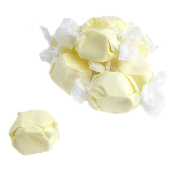 Light yellow Eggnog Salt Water Taffy, creamy eggnog flavor, approx 60 pieces per pound, delicious gluten-free Christmas candy.