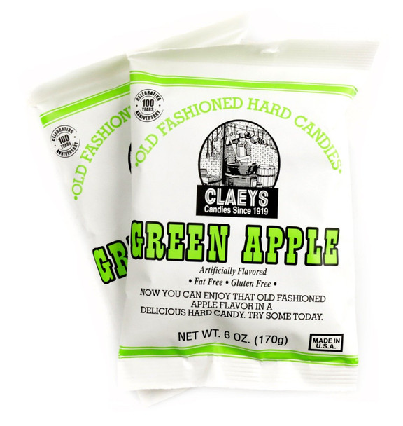 Claey's Old Fashioned Hard Candy Drops, vibrant green apple flavor, 6oz bag, approx 42 pieces, Made in USA.