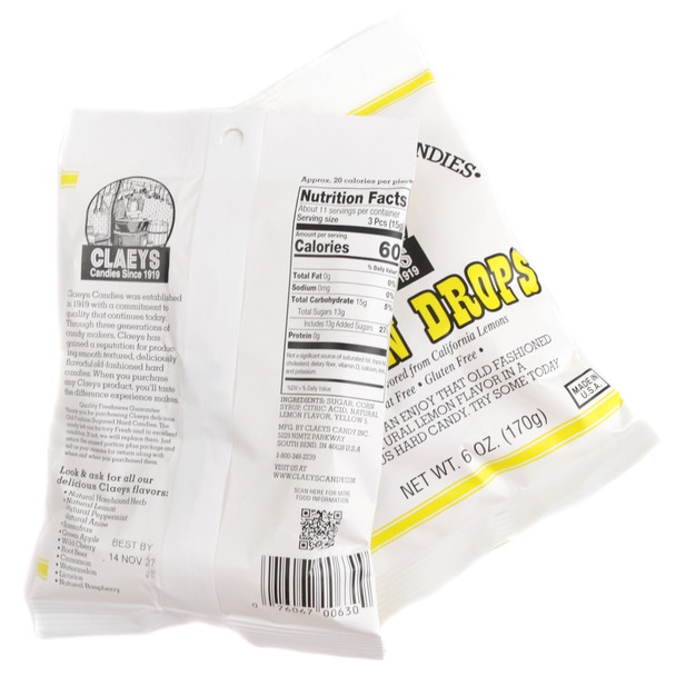 Claey's Hard Candy Drops Lemon, 6oz bag, approximately 42 yellow, old-fashioned lemon hard candies.