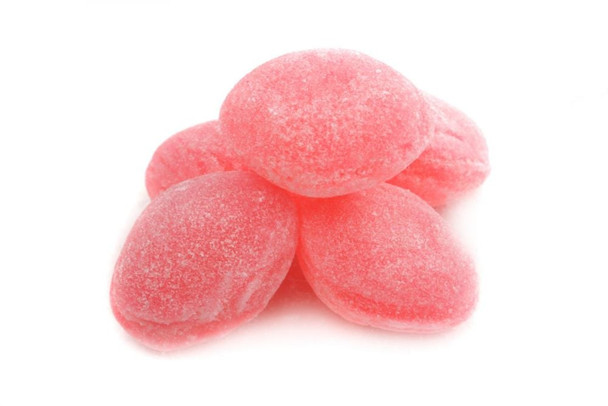 Claey's Peppermint Hard Candy, bright red, sugar-sanded, unwrapped bulk, approx 75 pieces per pound, old fashioned, USA.