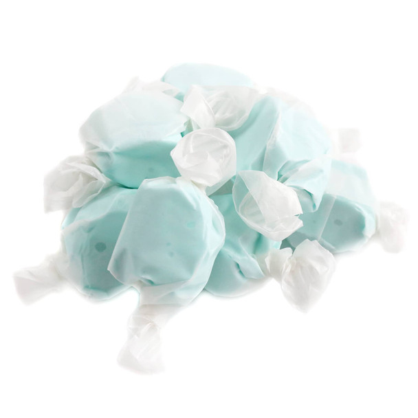 Light blue, individually wrapped cotton candy salt water taffy pieces, chewy, approximately 60 per pound.