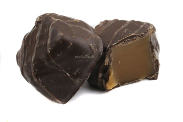 Ashers Dark Chocolate Vanilla Caramels, rich dark chocolate exterior, smooth vanilla caramel interior, approximately 25 per pound.