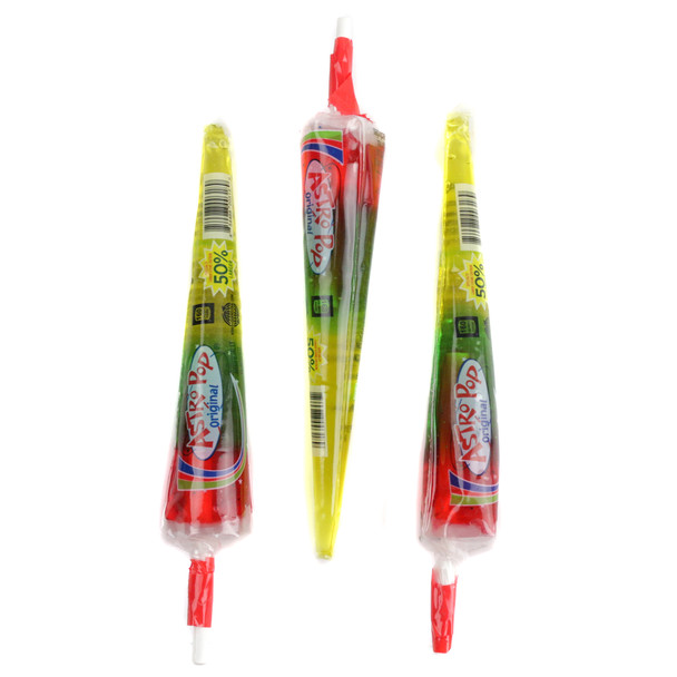 6 Astro Pops lollipops, retro three-layered with cherry red, green, yellow pineapple flavors, wax bottom.