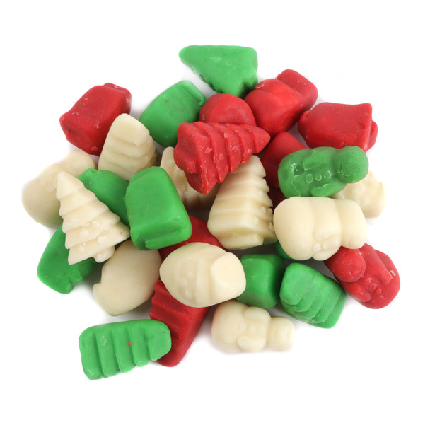 Red, white, green Christmas Mellocremes, approx 95 per pound, shaped like Santa, snowmen, and pine trees.