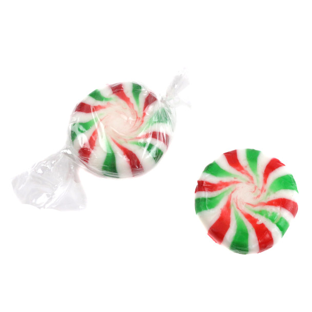 Christmas Peppermint Starlights hard candy, red, white, green striped, bulk wrapped, approximately 83 mints per pound.