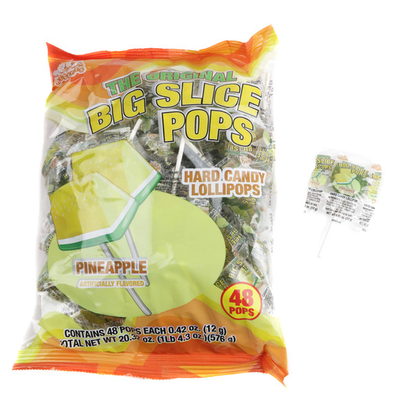 Bag of 48 large yellow and green pineapple flavored flat Big Slice lollipops individually wrapped