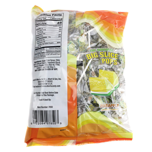 Nutrition facts label for Big Slice Pops Pineapple showing ingredients, serving size, and calories