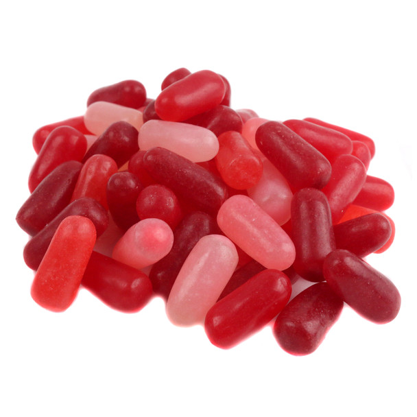 Mike and Ike Red Rageous, vibrant red, pink candy pieces, approx 260 per pound, strawberry, fruit punch, cherry, raspberry.