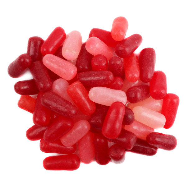 Mike and Ike Red Rageous candy, vibrant red and pink pieces. Strawberry, fruit punch, cherry, raspberry, watermelon flavors. 260 per pound.