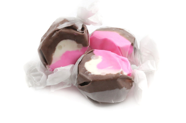 Neapolitan Salt Water Taffy, chocolate, vanilla, strawberry flavors. Assorted brown, white, pink pieces, approx 60 per lb.
