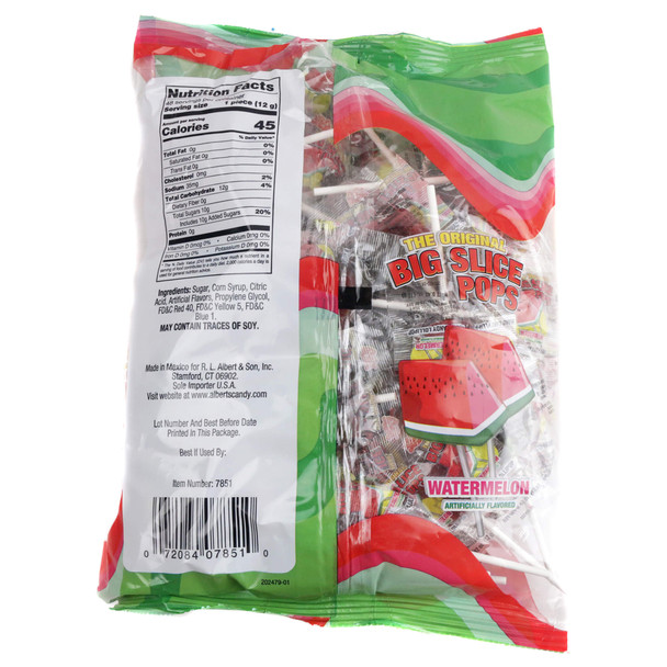 Nutrition facts label for Big Slice Pops Watermelon showing ingredients, serving size, and calories