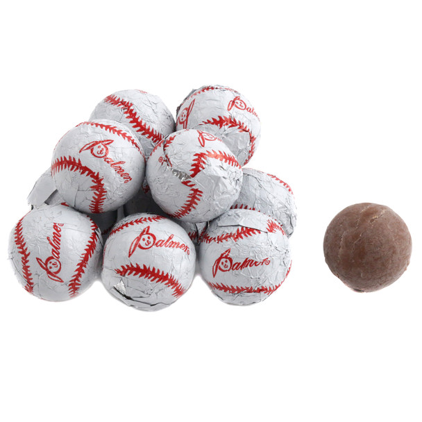 Chocolate flavored baseball candies, individually wrapped in shiny red foil. Approximately 90 per pound.