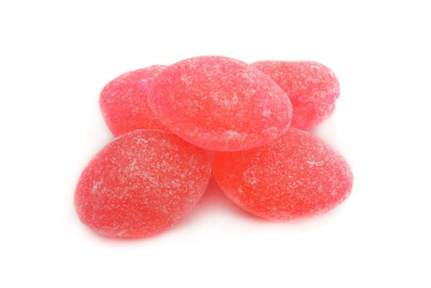 Bright red, sugar sanded Claey's Watermelon Hard Candy drops, approx 75 pieces. Old fashioned, retro candy.