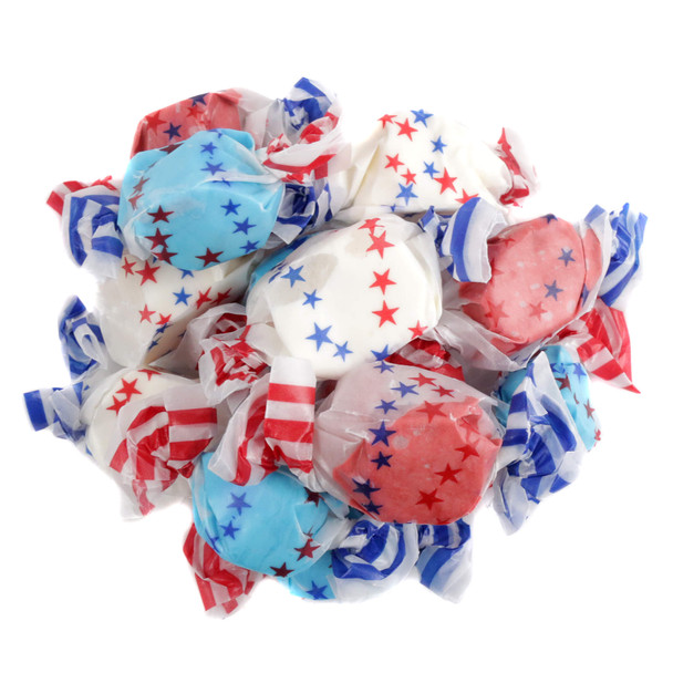 All American Salt Water Taffy, red white and blue, stars and stripes wrappers, 60 pieces, vanilla, blueberry, cherry flavors.