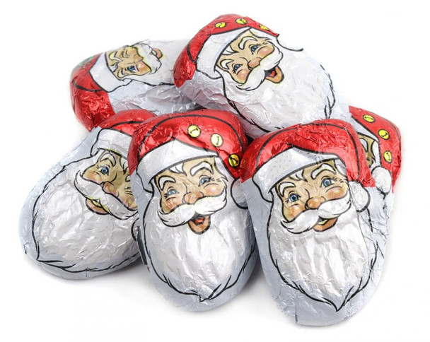 Milk chocolate caramel filled Santas, foil-wrapped with cute red and white Santa faces, approximately 45 per pound.