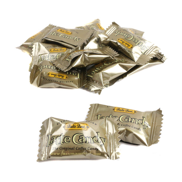 Balis Best Latte hard candy, rich brown and cream colors, center-filled, approx 120 bulk coffee candies per pound.