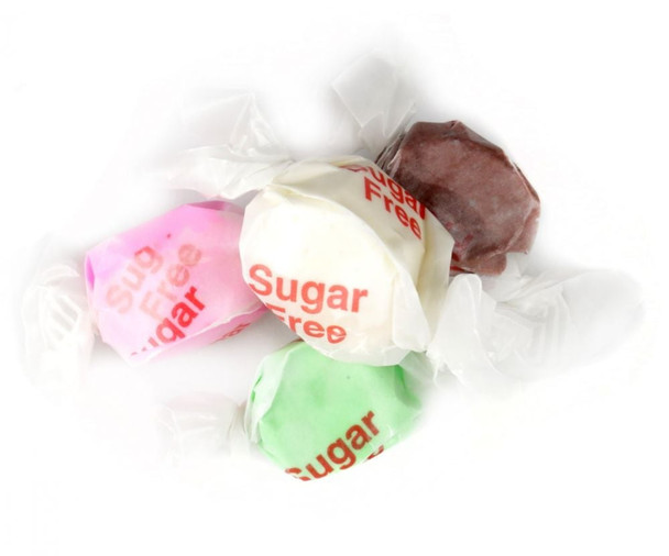 Sweet's Sugar Free Salt Water Taffy Assorted, 60 pieces, colorful strawberry, cinnamon, chocolate, peppermint, vanilla.