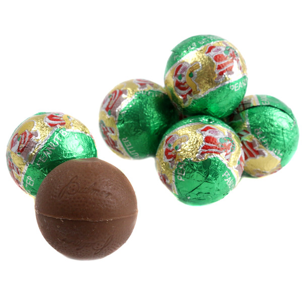Green foil-wrapped Palmer Chocolate Peanut Butter Kringles, approx 35 creamy milk chocolate, peanut butter Christmas candies per pound.