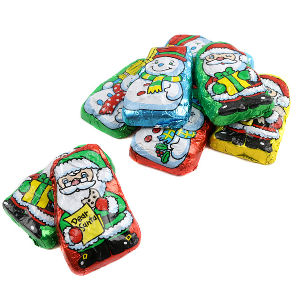 Chocolate Flavored Santa's Helpers, Frosty & Santa shapes, assorted bright foil wrapped chocolates, approx 45 per pound.