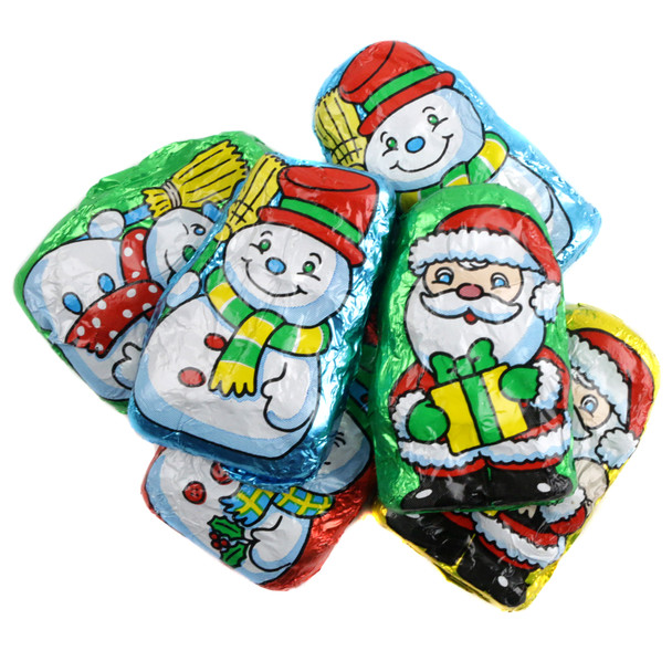 Chocolate Flavored Santa's Helpers, bright assorted foil wrapped Santa and Frosty chocolates, approx 45 pieces per pound.