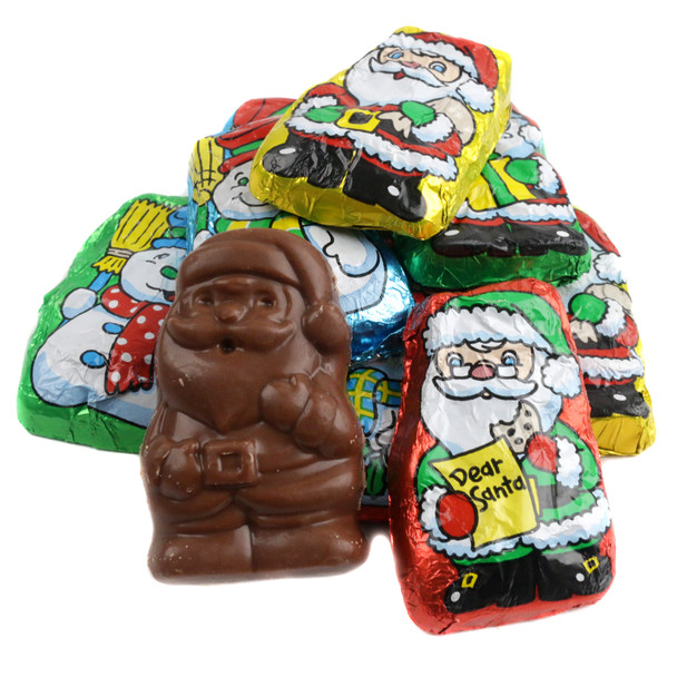 Chocolate Santa's Helpers, Santa and Frosty shapes, bright foil wrapped. Approx 45 per pound, festive Christmas candy.