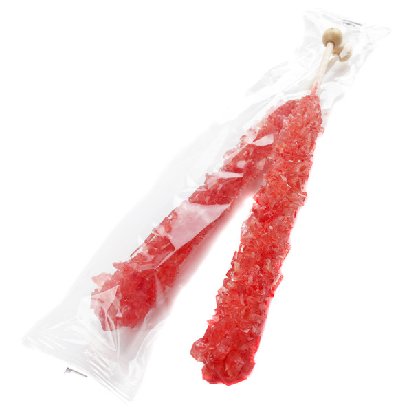 Vibrant red, individually wrapped rock candy sticks, 12 count, strawberry flavor, perfect for Valentine's Day or candy buffets.