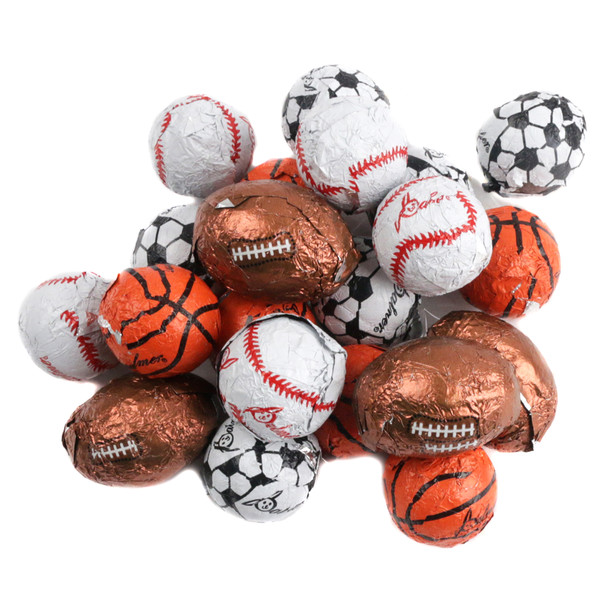 Assorted colorful foil-wrapped chocolate sports balls: footballs, baseballs, basketballs, soccer balls. Approx 90 pieces.