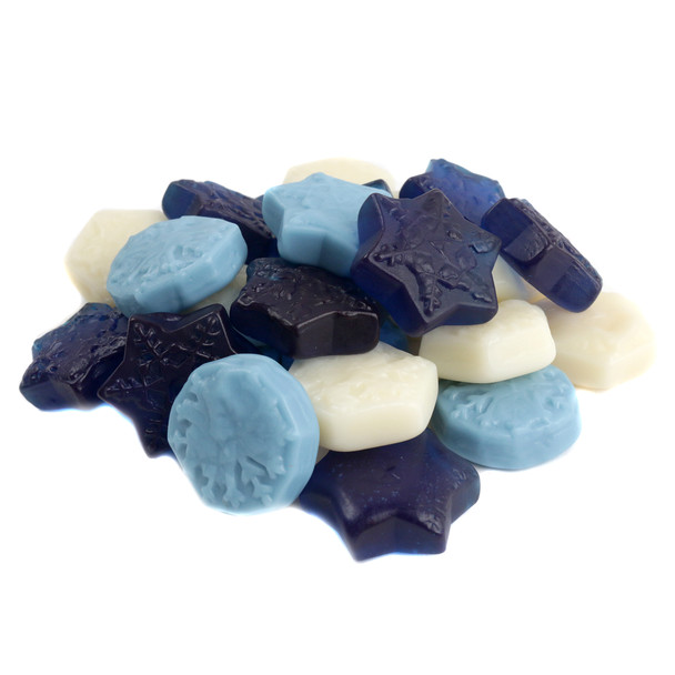 Albanese Gummy Snowflakes, blue, red, clear, pineapple, watermelon, blue raspberry. Approx 70 per lb, USA.