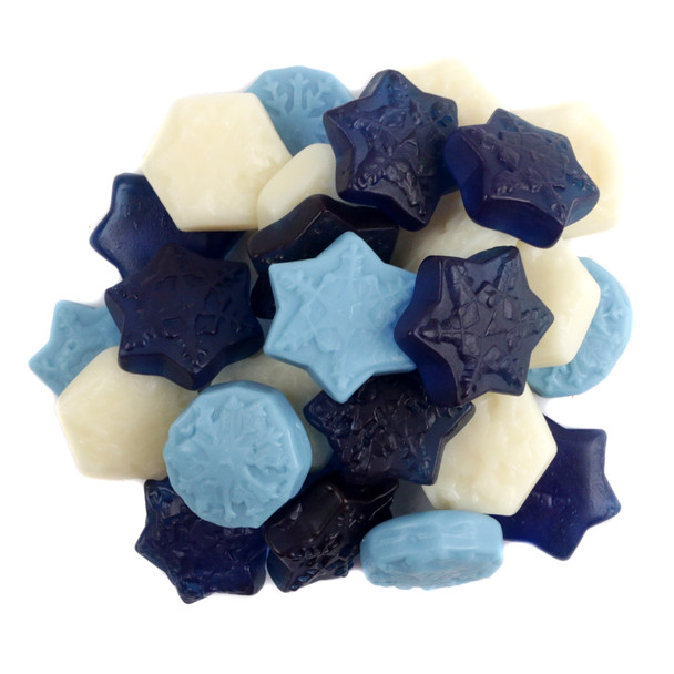 Albanese Gummy Snowflakes, blue, white, yellow, pink, fruity pineapple, watermelon, blue raspberry gummies, 70 per pound.