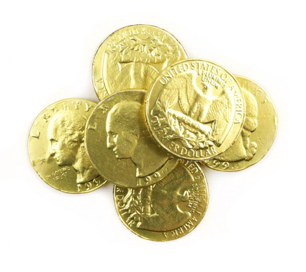 Gold foil wrapped chocolate George Washington quarters, approximately 135 per pound.