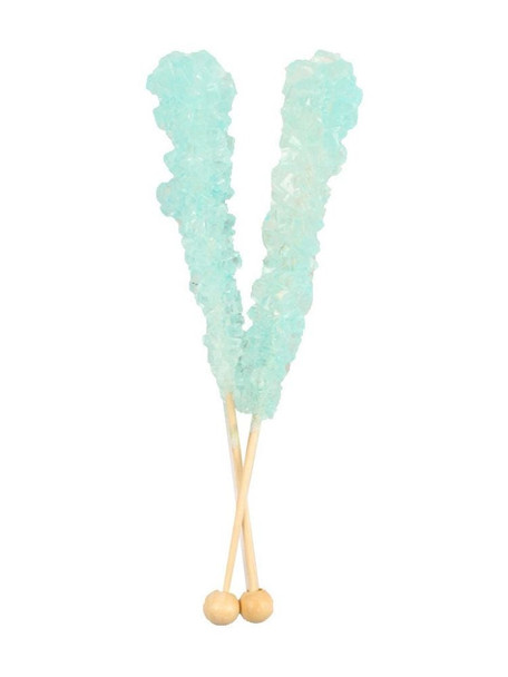 12 light blue rock candy sticks, individually wrapped, 6 inches long, cotton candy flavored.