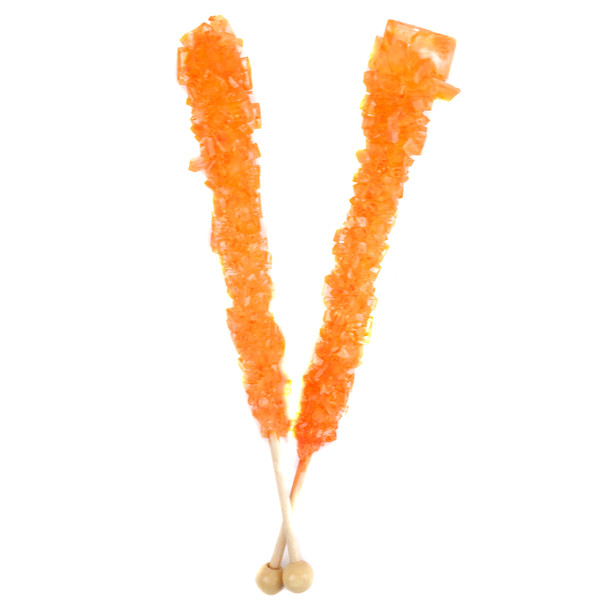 12 individually wrapped Espeez orange rock candy sticks, 6 inches long, bright orange.