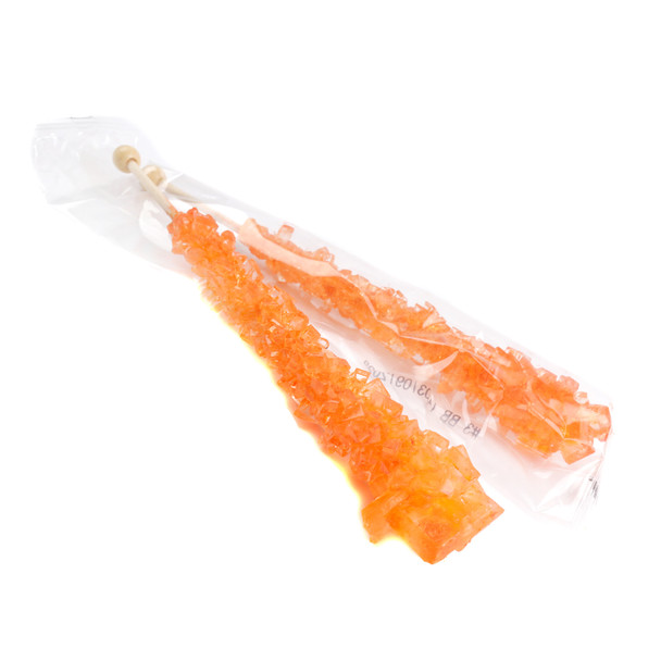 Orange Rock Candy Sticks, 12 wrapped pieces, approximately 6 inches long, made in USA.
