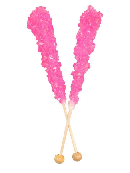 Individually wrapped 6-inch crystal pink rock candy sticks, cherry flavor, perfect for baby girl showers, USA made.