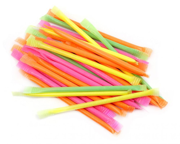 Vibrant neon candy filled straws, assorted colors. Approximately 240 per pound, sweet Pixy Stix style novelty candy.