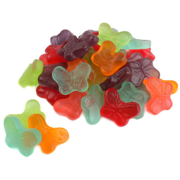 Albanese assorted mini gummy butterflies, purple, light red, orange, light blue, light green, red colors.