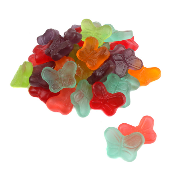 Mini Gummy Butterflies, assorted vibrant colors, purple, red, orange, blue, green. Albanese fruit gummies.