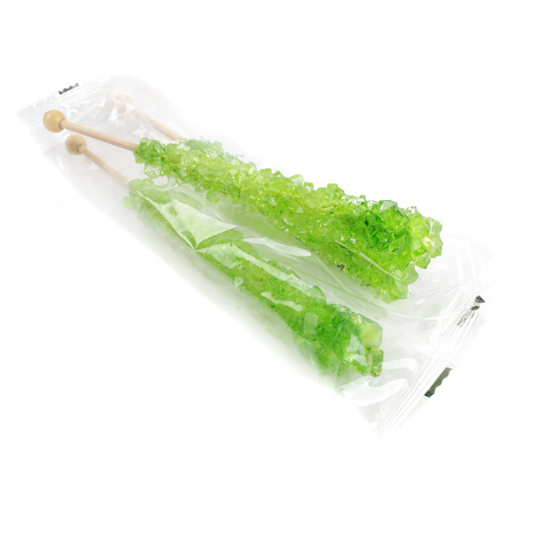 12 vibrant light green rock candy sticks, 6-inch, individually wrapped, watermelon flavor, USA made.