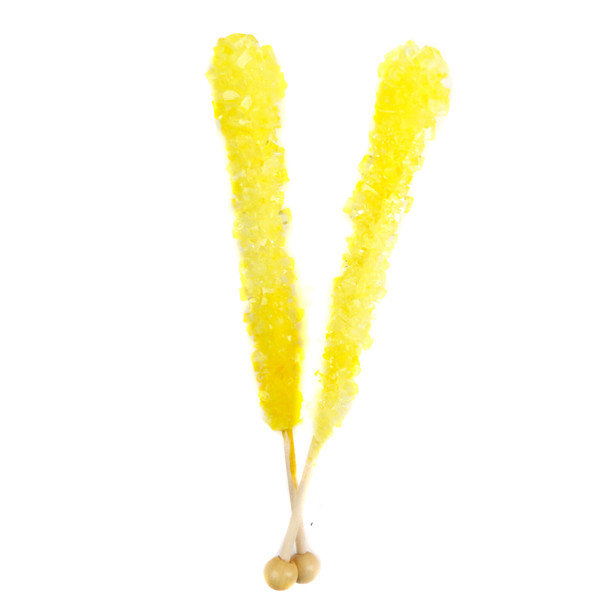 Bright yellow, banana-flavored rock candy sticks, 12 individually wrapped pieces, 6 inches long, USA made.