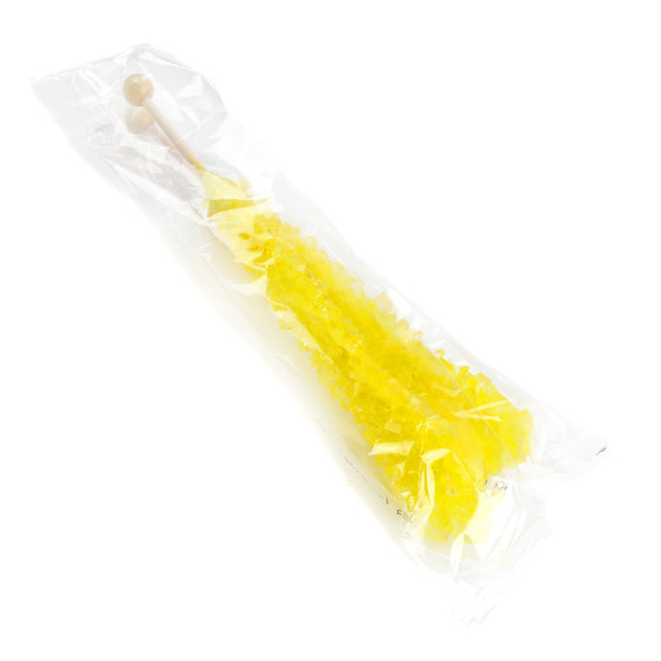 Bright yellow, banana-flavored rock candy sticks, individually wrapped, 12 piece pack.
