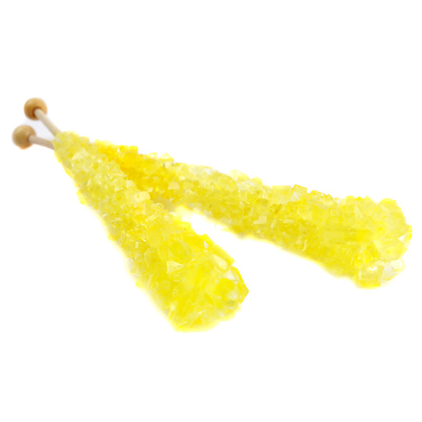 Bright yellow rock candy sticks, 12 individually wrapped pieces, 6 inches long, banana flavored.