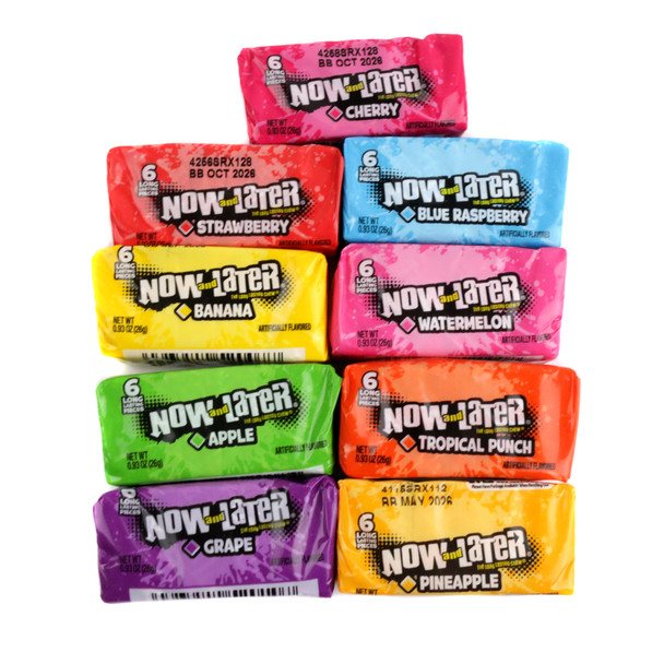 Now and Later assorted fruit chewy candy packs, vibrant blue, red, green, purple, yellow colors. Approx. 16 6-piece packs per pound.