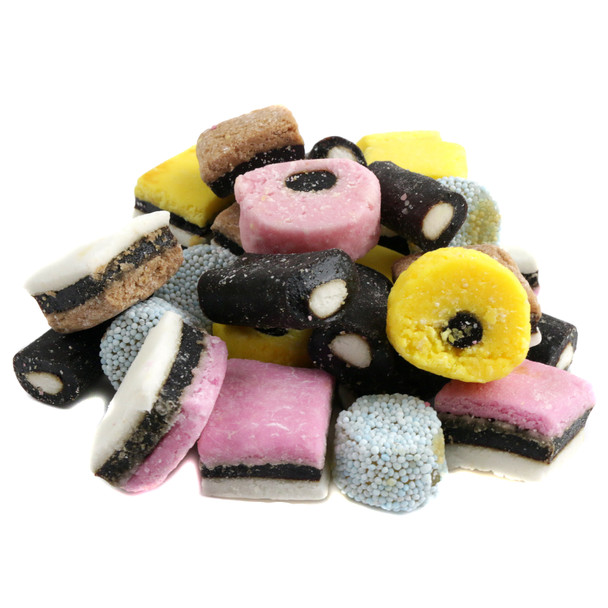 Gerrit Verburg Licorice Allsorts, 90+ pieces, black licorice, assorted pink, blue, yellow, black, white shapes.