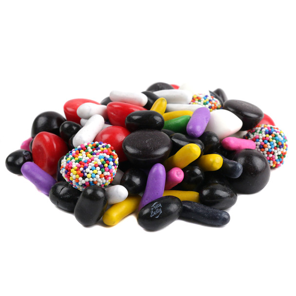 Jelly Belly Licorice Bridge Mix, black licorice jelly beans, red and black buttons, nonpareil buttons, licorice pastels.